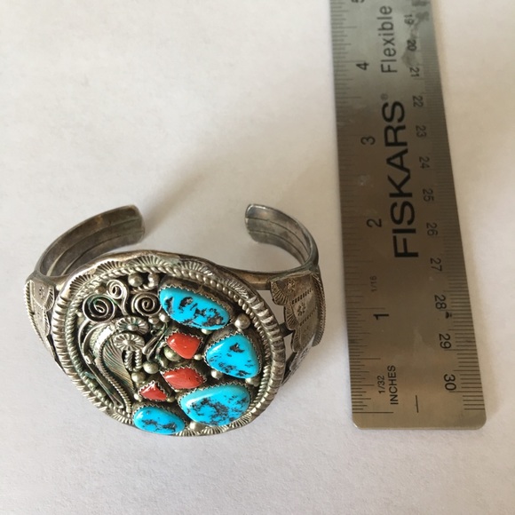 Vintage Native American Turquoise Coral Sterling Silver Cuff Bracelet - Picture 5 of 16